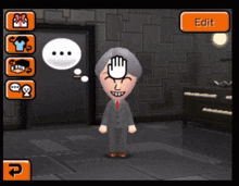 a video game shows a man in a suit and tie with a hand on his face and a button that says edit