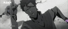 a black and white drawing of a man with the word bleach on it