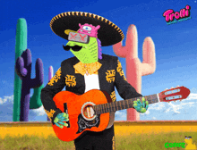 a trolli advertisement shows a man in a mariachi outfit holding an orange guitar