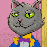 a cartoon cat is wearing a blue jacket and a purple bow tie