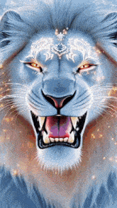a close up of a lion 's face with its mouth open and glowing eyes .