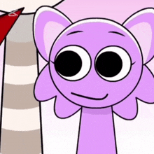 a close up of a purple cartoon character