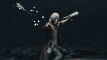 a man with white hair is holding a gun in his right hand