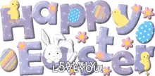 a happy easter greeting card with a bunny , eggs , flowers , and chicks .
