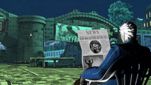 a man sits in a chair reading a newspaper that says ' news ' on it