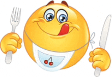 a cartoon smiley face is holding a fork and knife