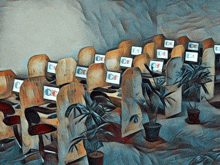 a painting of a row of computer booths with the letters cc on the monitors