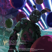 a poster for dead by daylight shows a rabbit holding balloons