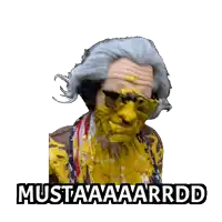 a picture of a man with yellow paint on his face and mustaaaaarrddd written below him
