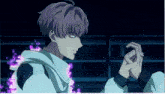 a man with purple hair and a white hoodie is holding his hands together