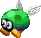 a pixel art drawing of a green bee with wings and a helmet .