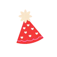 a red party hat with white hearts on it and a flower on top