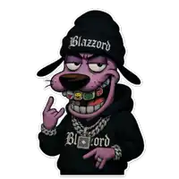 a cartoon character is wearing a black beanie and a black hoodie with the word blazzard on it