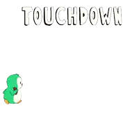 a cartoon of a penguin with the words touchdown written above it