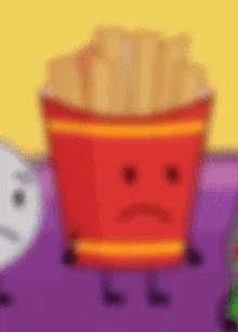 a red bucket of french fries with arms and legs and a sad face on it .