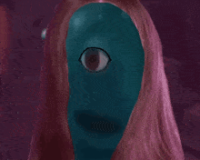 a drawing of a person with a blue face and pink hair