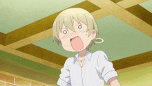 a boy with blonde hair is making a funny face