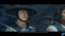 a video game screen shows a man in armor and a hat saying shao kahn snapped my neck in the arena
