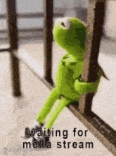 kermit the frog is sitting on a railing holding onto a pole and waiting for meilla stream .