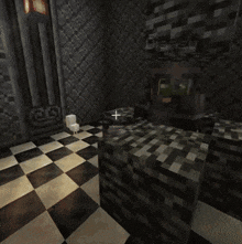 a black and white checkered floor in a room with a cross on it
