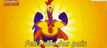a cartoon of a chicken in a cape with the words feliz dia dos pais below it