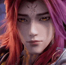 a close up of a person 's face with purple and red hair