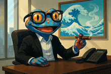 a frog wearing glasses and a suit holds a cigar