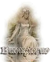 a woman in a white dress is sitting in front of a fountain with the words buongiorno written below her