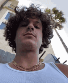 a man with curly hair is wearing a white tank top and gold chains around his neck