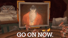 a video game scene with a picture of a man and the words go on now below it