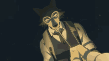 a cartoon of a wolf in a suit holding a lighter