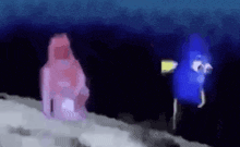 two cartoon characters are standing next to each other on a hill .