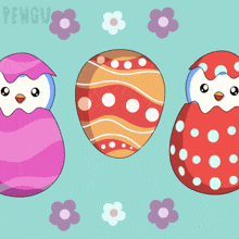 three penguins are coming out of their eggs and the word pengu is on the bottom left