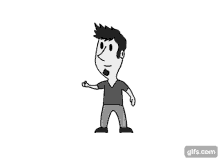 a black and white cartoon of a man standing in front of a white wall .