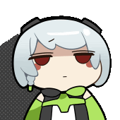 a cartoon of a girl with white hair and green clothes making a funny face .