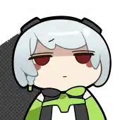 a cartoon of a girl with white hair and green clothes making a funny face .