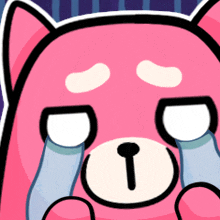 a pink teddy bear is crying with tears coming out of his eyes