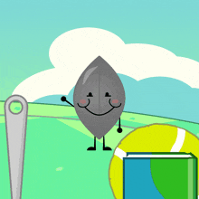 a cartoon drawing of a green leaf with a face on it