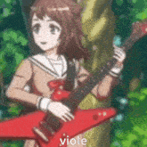 a girl in a school uniform is holding a red guitar and the word viole is on the bottom .