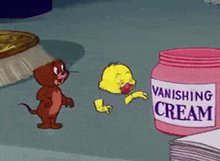 a cartoon jerry and tweety are standing next to a jar of vanishing cream