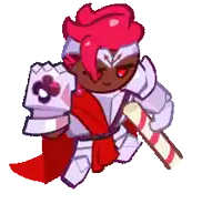 a cartoon character is holding a candy cane while wearing armor .
