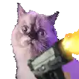 a purple cat is holding a gun in its paws .