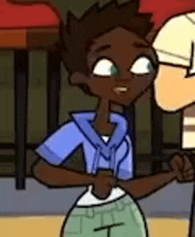 a cartoon girl is standing next to a man in a blue shirt and green shorts .