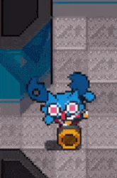 a pixel art of a blue cat with pink eyes sitting on a drum .