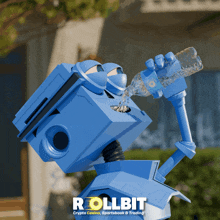 a blue robot is drinking water from a bottle with the word rollbit on the bottom right
