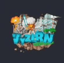 a logo for a video game called jzern with a castle and a sword on a floating island .