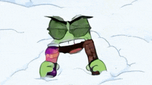 a cartoon character is laying in the snow holding a can of soda and a chocolate bar .