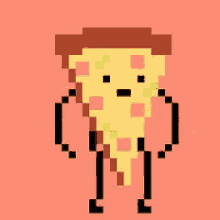 a pixel art illustration of a slice of pizza with long legs and a hat .