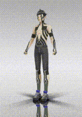 a cartoon character is standing on a white surface with a reflection .