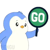 a cartoon penguin is holding a green sign that says go